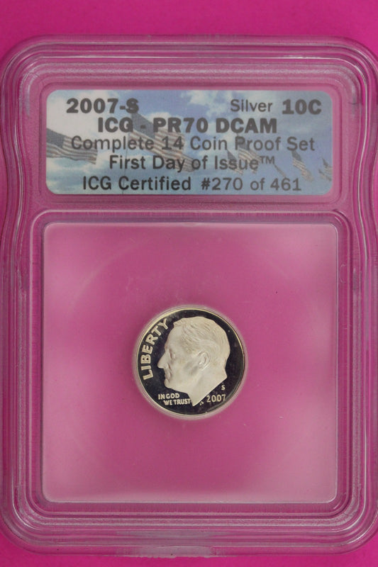 2007 S PR 70 Roosevelt Silver Dime Deep Cameo ICG Certified Graded Slab 1252