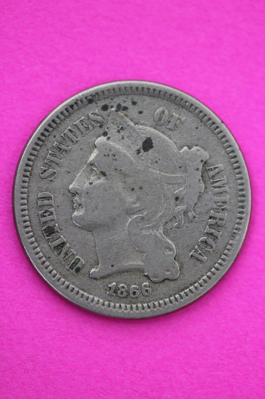 Possible Counterstamp 1866 Three 3 Cent Nickel Scarce Coin Philadelphia Mint 180