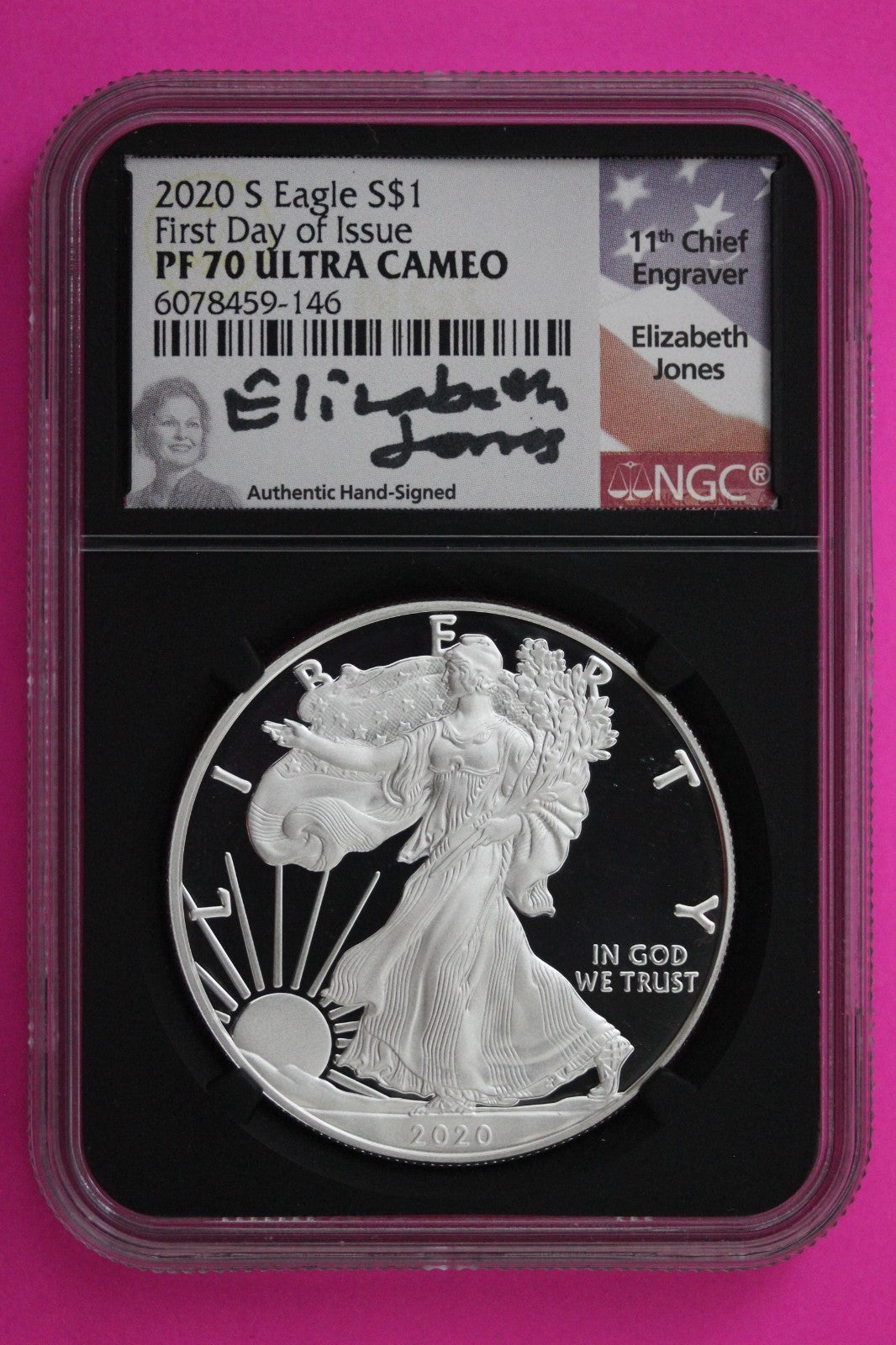 2020 S PF 70 Proof DCAM Silver American Eagle Jones Signature NGC Graded 288