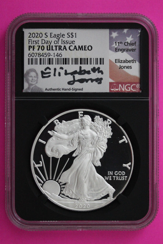 2020 S PF 70 Proof DCAM Silver American Eagle Jones Signature NGC Graded 288