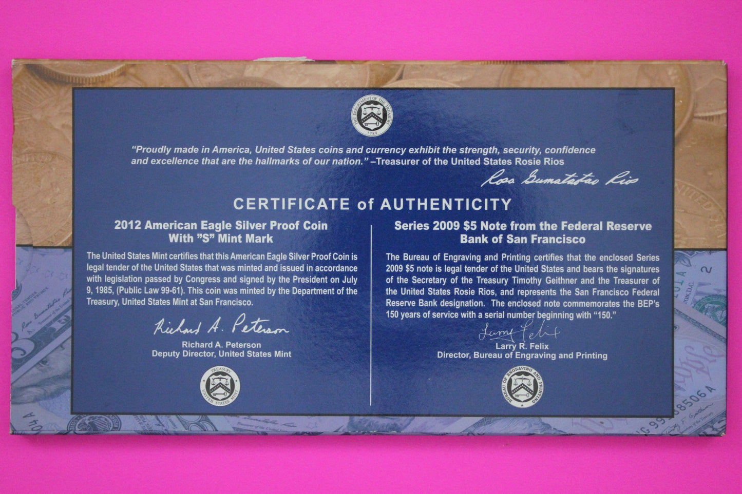 2012 Coin & Currency Set Proof 1 OZ .999 Fine Silver Eagle & $5 Note COA 9024