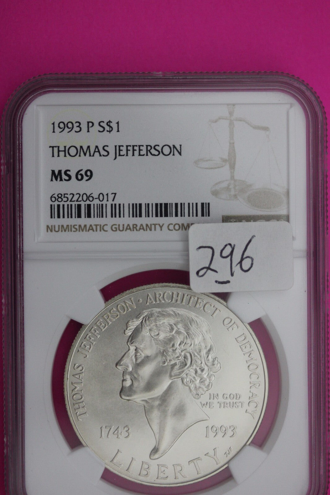 1993 P MS 69 BU Thomas Jefferson Commemorative Silver Dollar NGC Certified 296