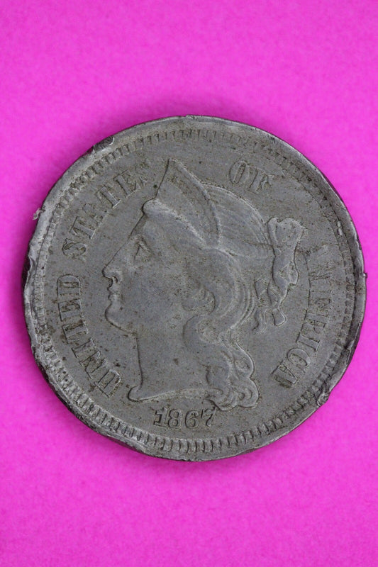 1867 Three 3 Cent Nickel Guaranteed Authentic & Genuine Fast Free Shipping 1538