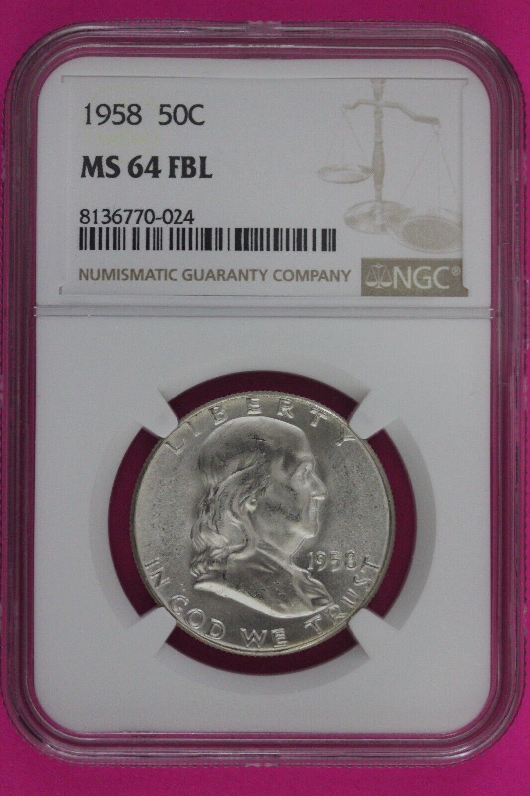 Full Bell Lines 1958 P MS 64 FBL Ben Franklin Half Dollar Silver Coin NGC 788