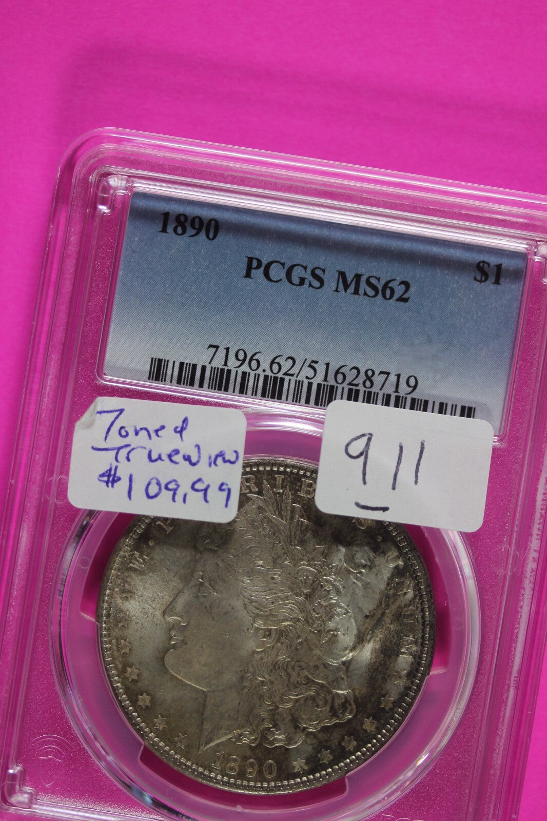 Toned 1890 P MS 62 Liberty Morgan Silver Dollar PCGS Certified Graded Slab 911