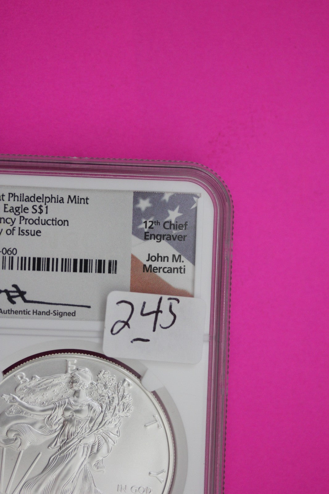 2020 (P) MS 70 Silver Eagle Mercanti Signature Emergency Issue NGC Certified 245