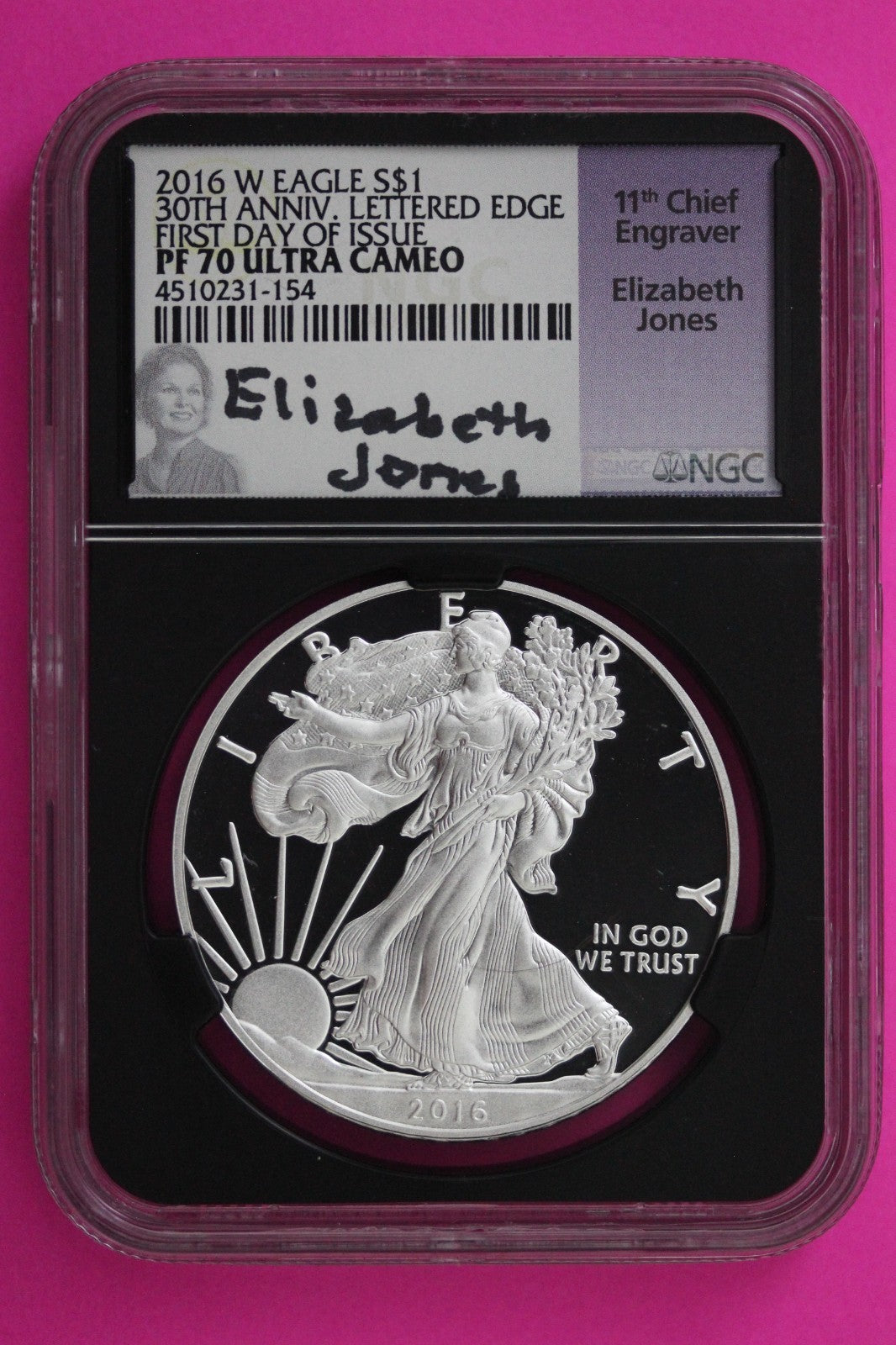 2016 W PF 70 Proof DCAM Silver American Eagle Lettered Edge NGC Jones Sig 348