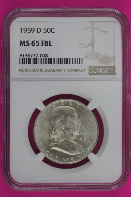 Full Bell Lines 1959 D MS 65 FBL Ben Franklin Half Dollar Silver Coin NGC 775