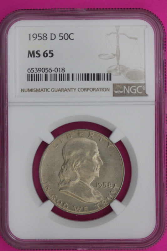 Full Bell Lines 1958 D MS 65 FBL Ben Franklin Half Dollar Silver Coin NGC 963