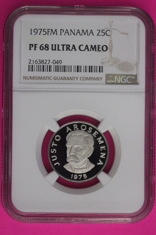 1975 Panama PF 68 Ultra Cameo Proof 25 Centesimos NGC Graded Certified Slab 1028