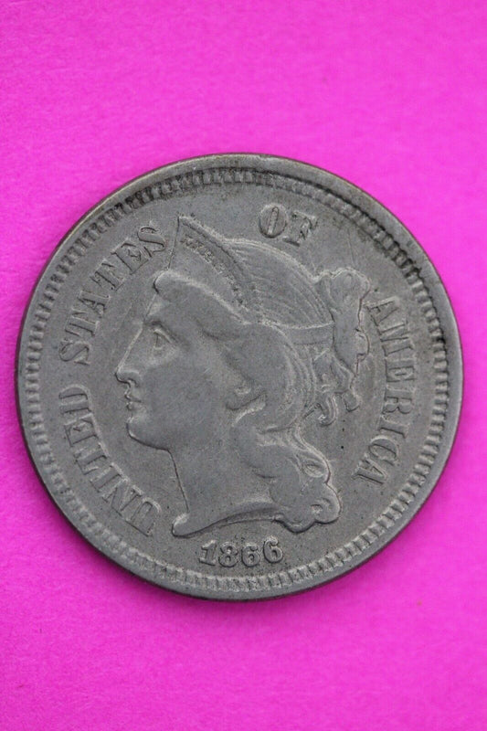 1866 Hi Grade Three 3 Cent Nickel Scarce Semi Key Date Coin Philadelphia Mint 51