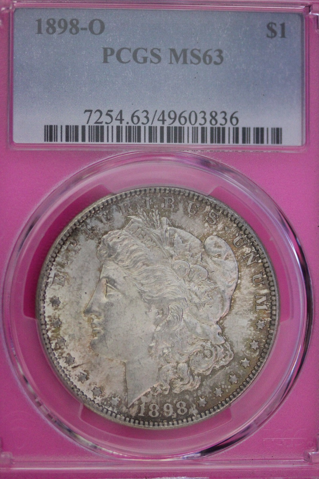 Toned 1898 O MS 63 Morgan Liberty Silver Dollar PCGS Certified Slab 07