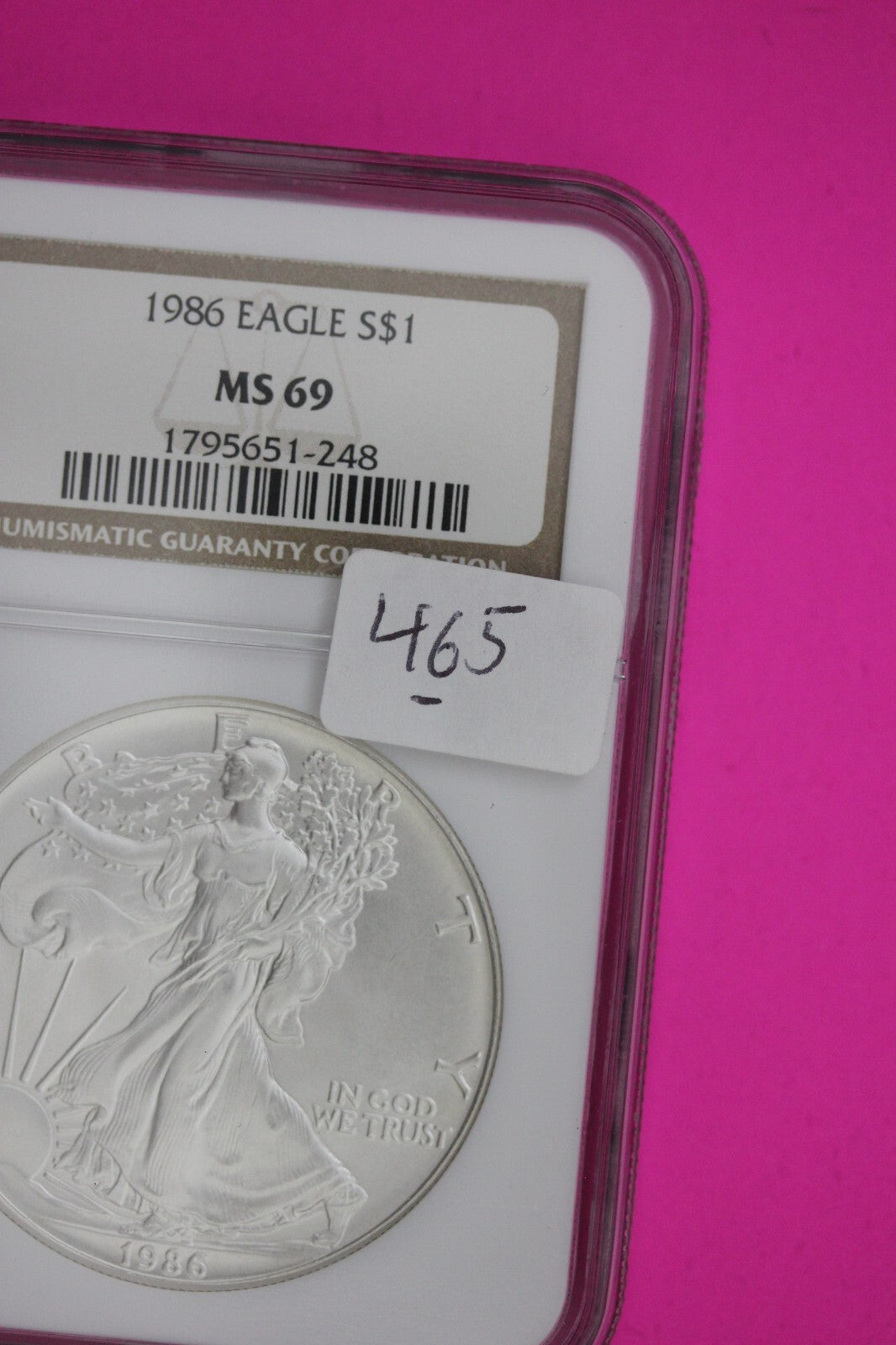 1986 MS 69 Silver Eagle Coin 1 OZ .999 NGC Graded Certified Authentic Slab 465