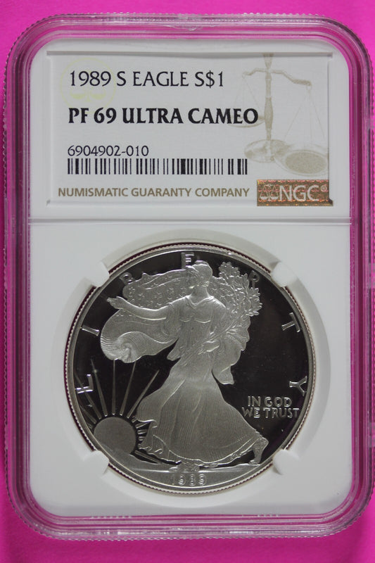 1989 S PF 69 Silver American Eagle Deep Cameo Authentic Proof Coin NGC Slab 973