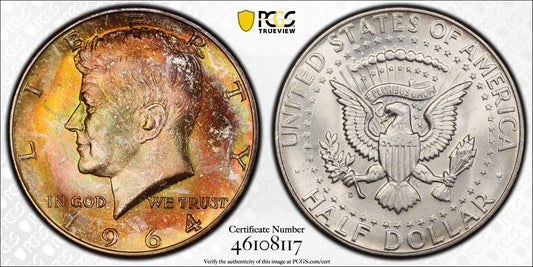 Rainbow Toned 1964 D MS 65 Kennedy Half Dollar PCGS Trueview Certified 658