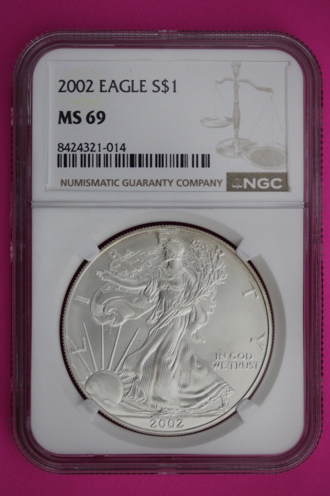 Obverse Struck Thru 2002 MS 69 Silver Eagle 1 OZ .999 Silver NGC Graded 165