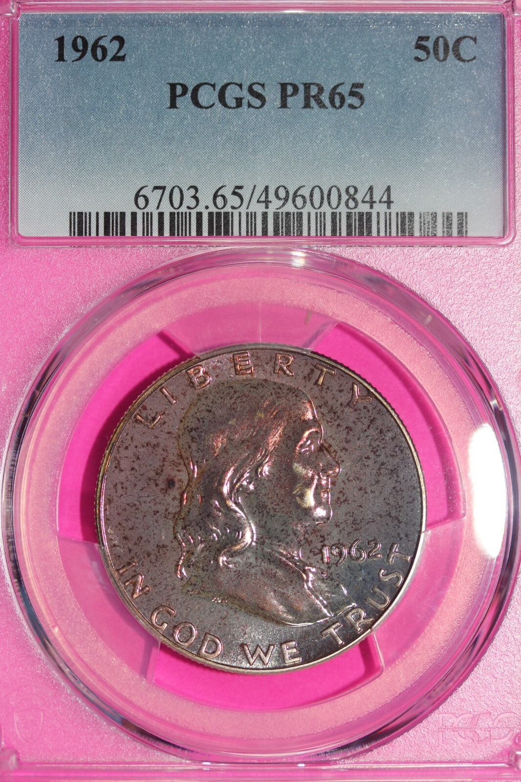 Rainbow Toned 1962 Silver PR 65 Ben Franklin Half PCGS Graded Authentic Slab 171