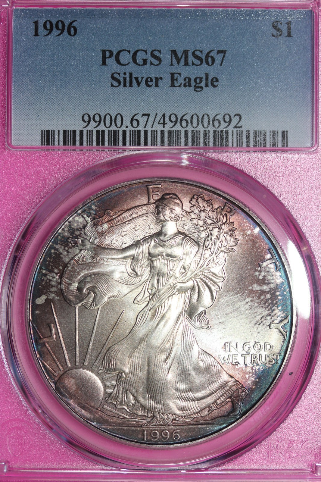Toned 1996 MS 67 American Silver Eagle PCGS Graded Authentic Certified Slab 180