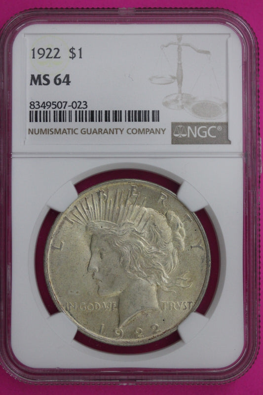 1922 P MS 64 Liberty Peace Silver Dollar NGC Certified Graded Authentic Coin 802