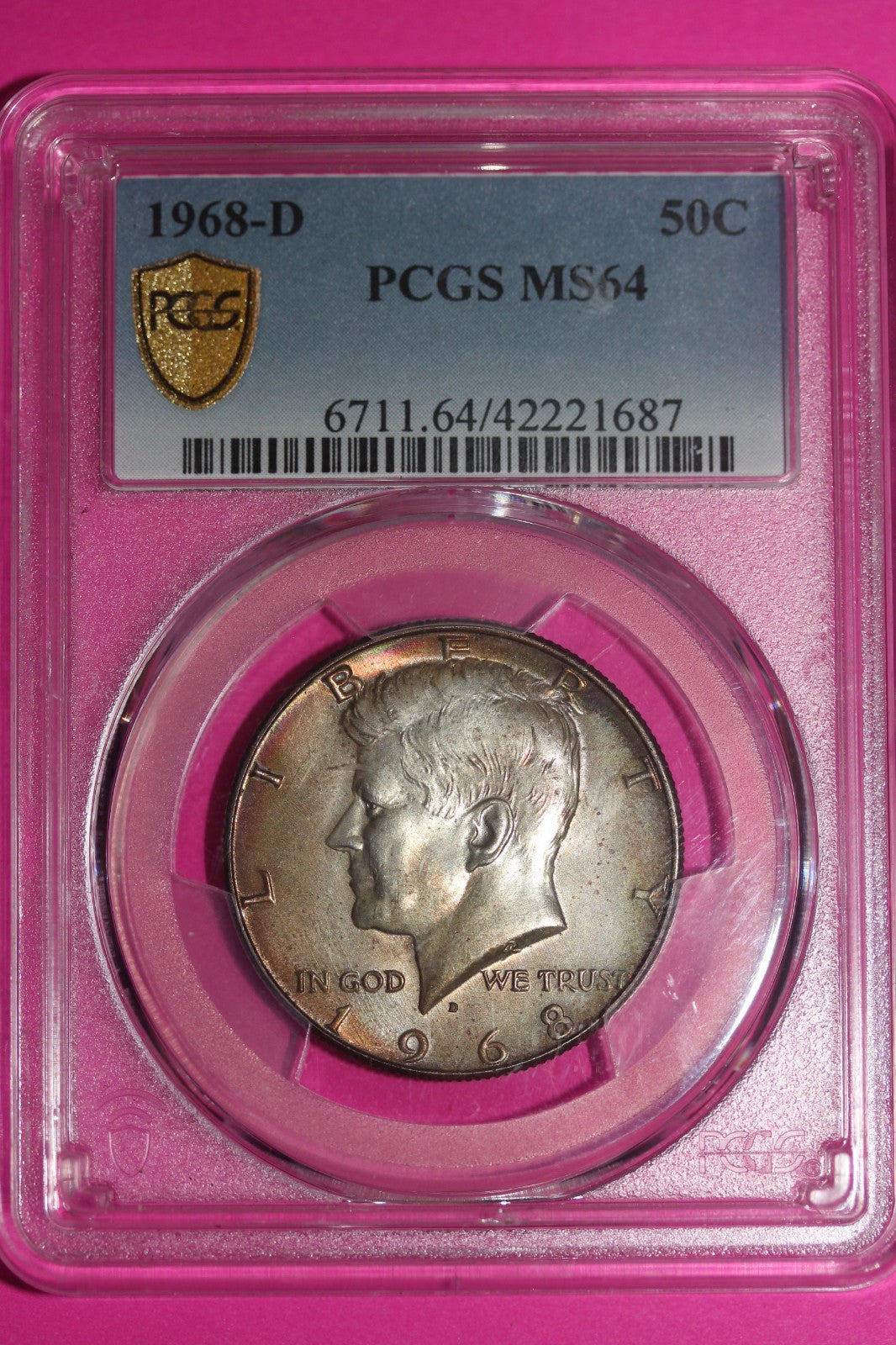 Rainbow Toned 1968 D MS 64 Kennedy Half Dollar PCGS Graded Certified Silver 69