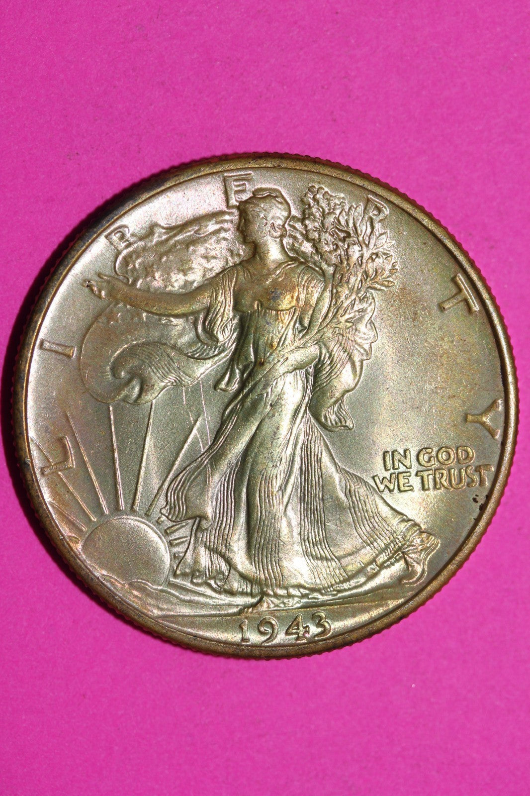 Rainbow Toned High Grade 1943 P Walking Liberty Silver Half Dollar Genuine 1642