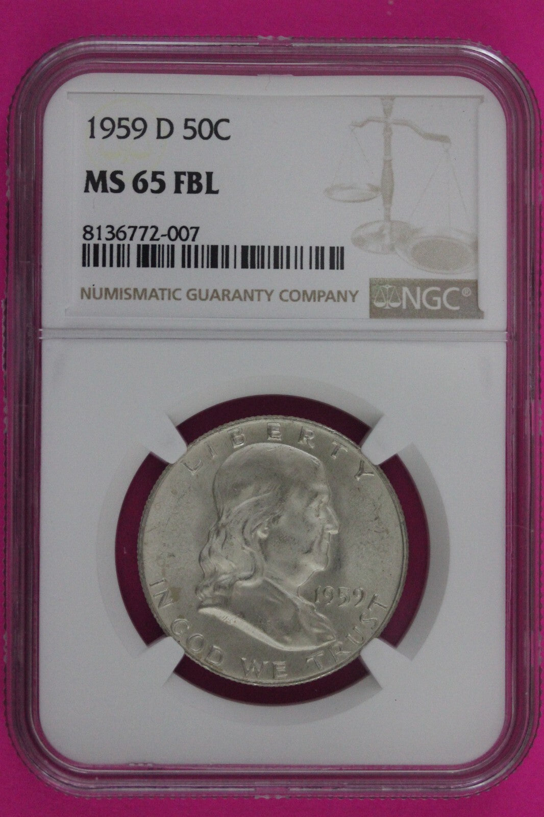 Full Bell Lines 1959 D MS 65 FBL Ben Franklin Half Dollar Silver Coin NGC 773