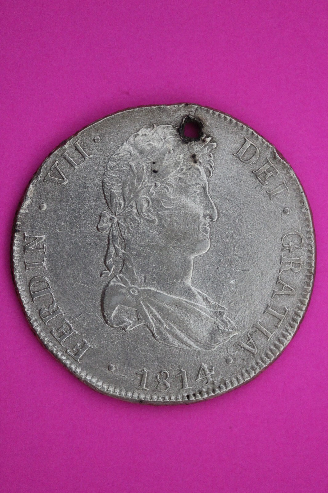 1814 Bolivia Spanish 8 Reales King Ferdin VII Silver Coin Pendant Holed 08
