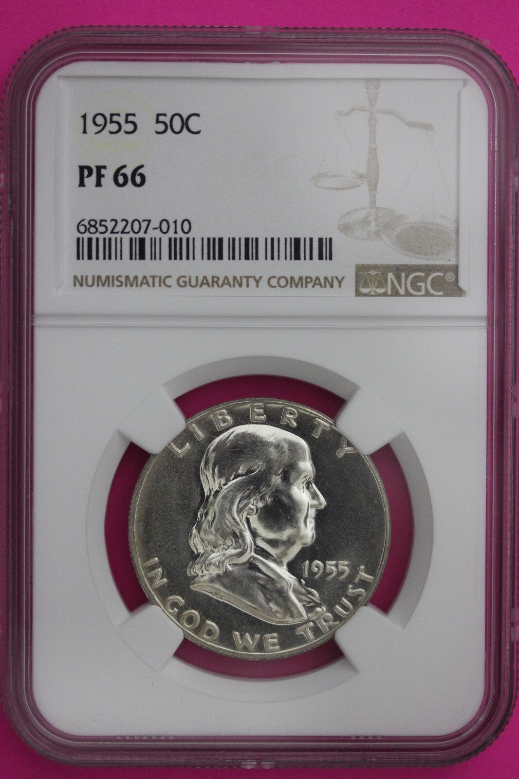 1955 PF 66 Ben Franklin Silver Proof Half Dollar NGC Graded Certified Slab 826