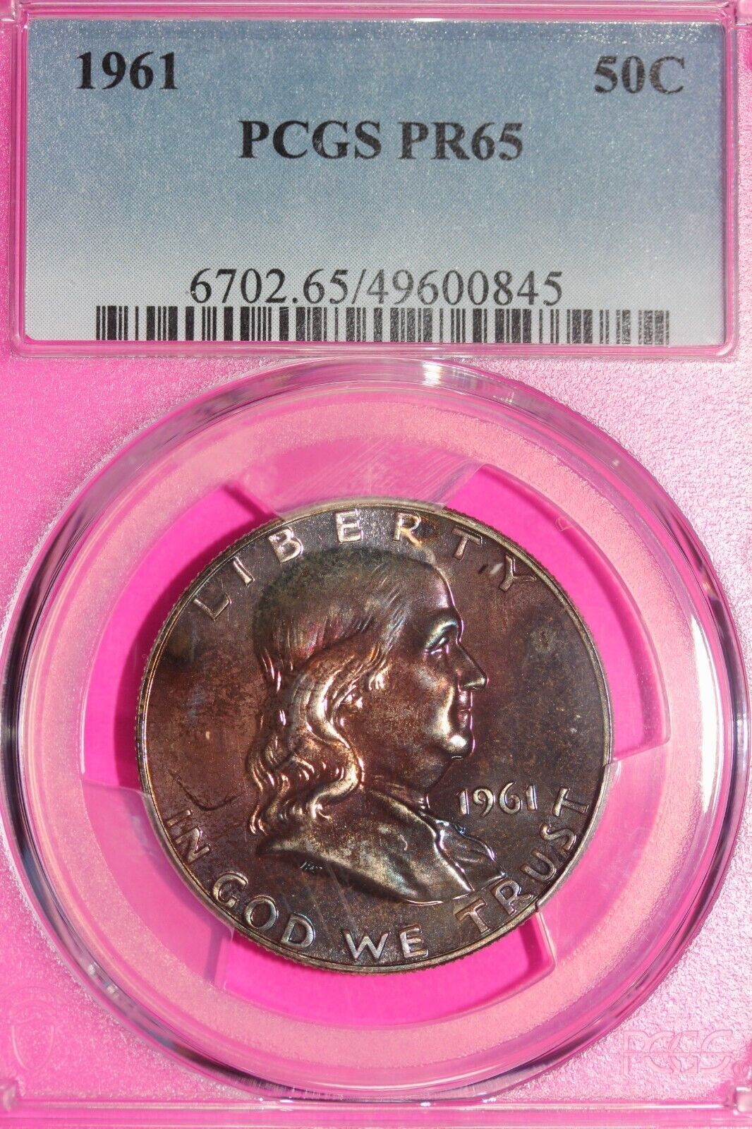 Rainbow Toned 1961 Silver PR 65 Ben Franklin Half NGC Graded Authentic Slab 164