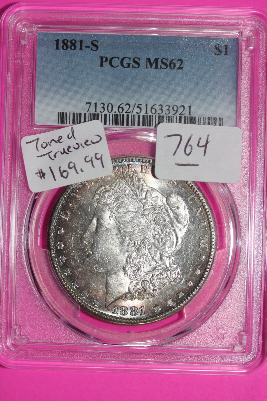 Nicely Toned 1881 S MS 62 Liberty Morgan Silver Dollar PCGS Certified Slab 764