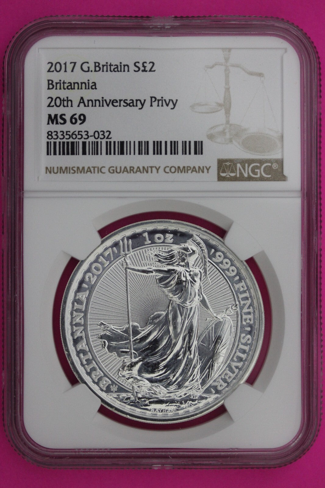 2017 MS 69 Great Britain £2 Britannia 20th Anniversary Privy NGC Graded Slab 885