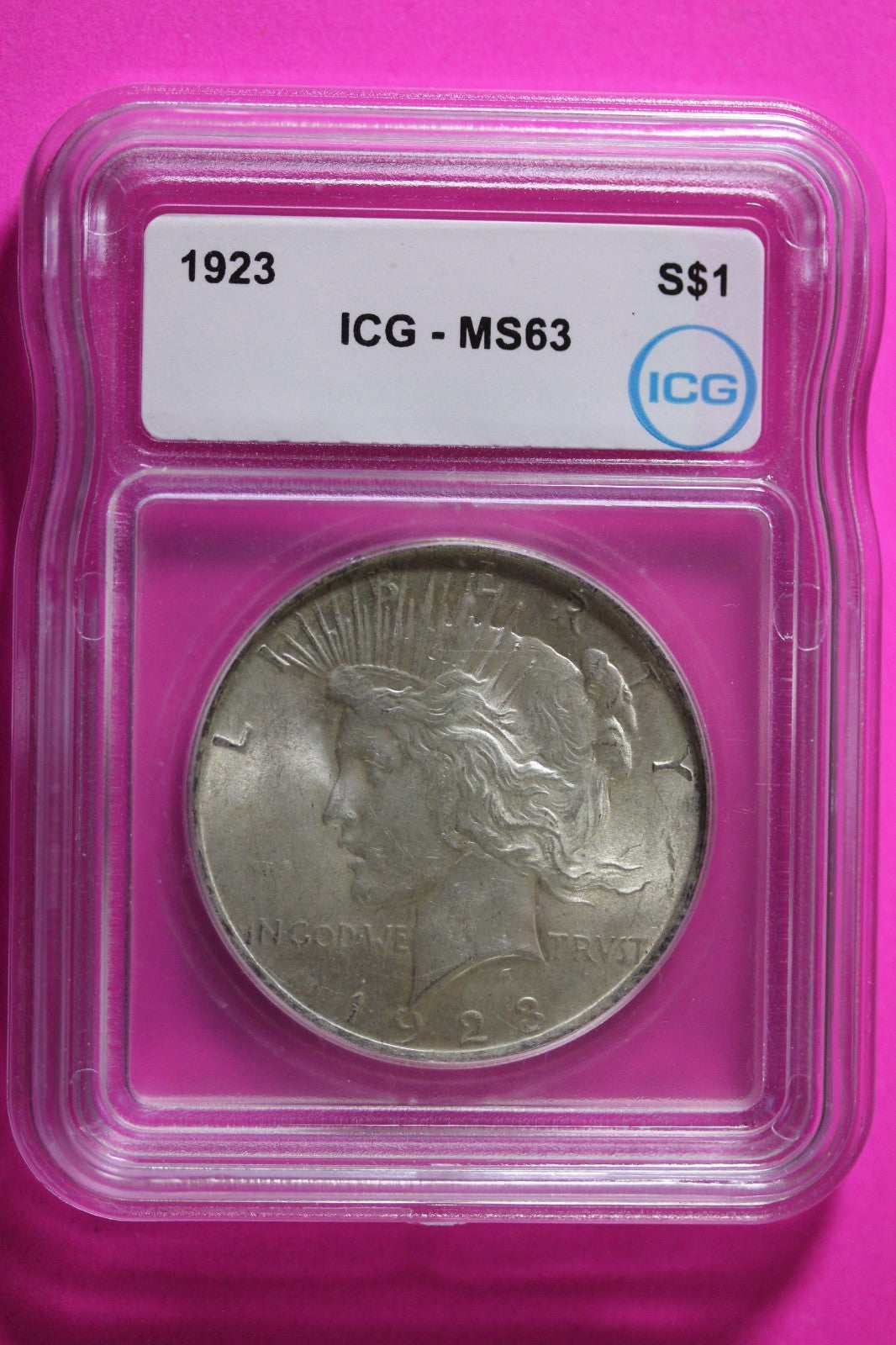 1923 P MS 63 Liberty Peace Silver Dollar ICG Graded Authentic Certified Slab 57