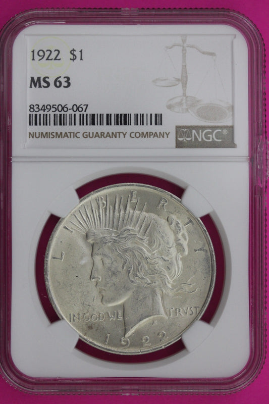 1922 P MS 63 Liberty Peace Silver Dollar NGC Certified Graded Authentic 1135