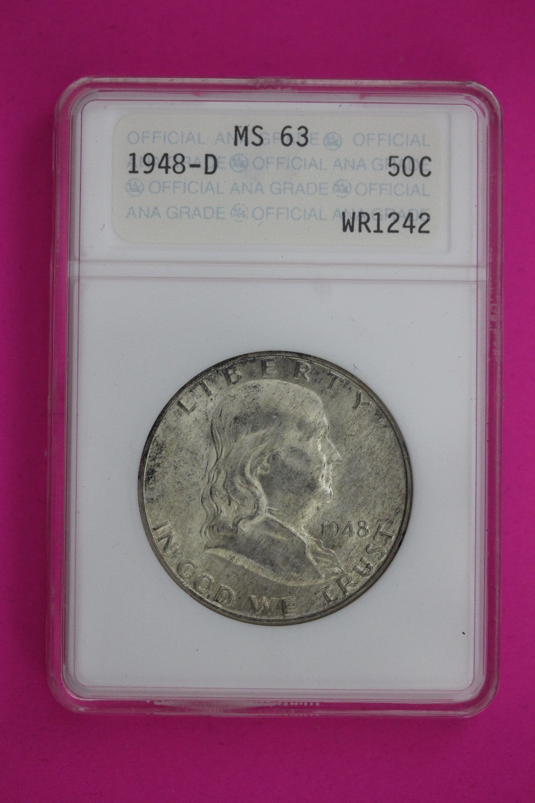 1948 D MS 63 Ben Franklin Silver Half Dollar ANACS Certified Authentic Slab 1189