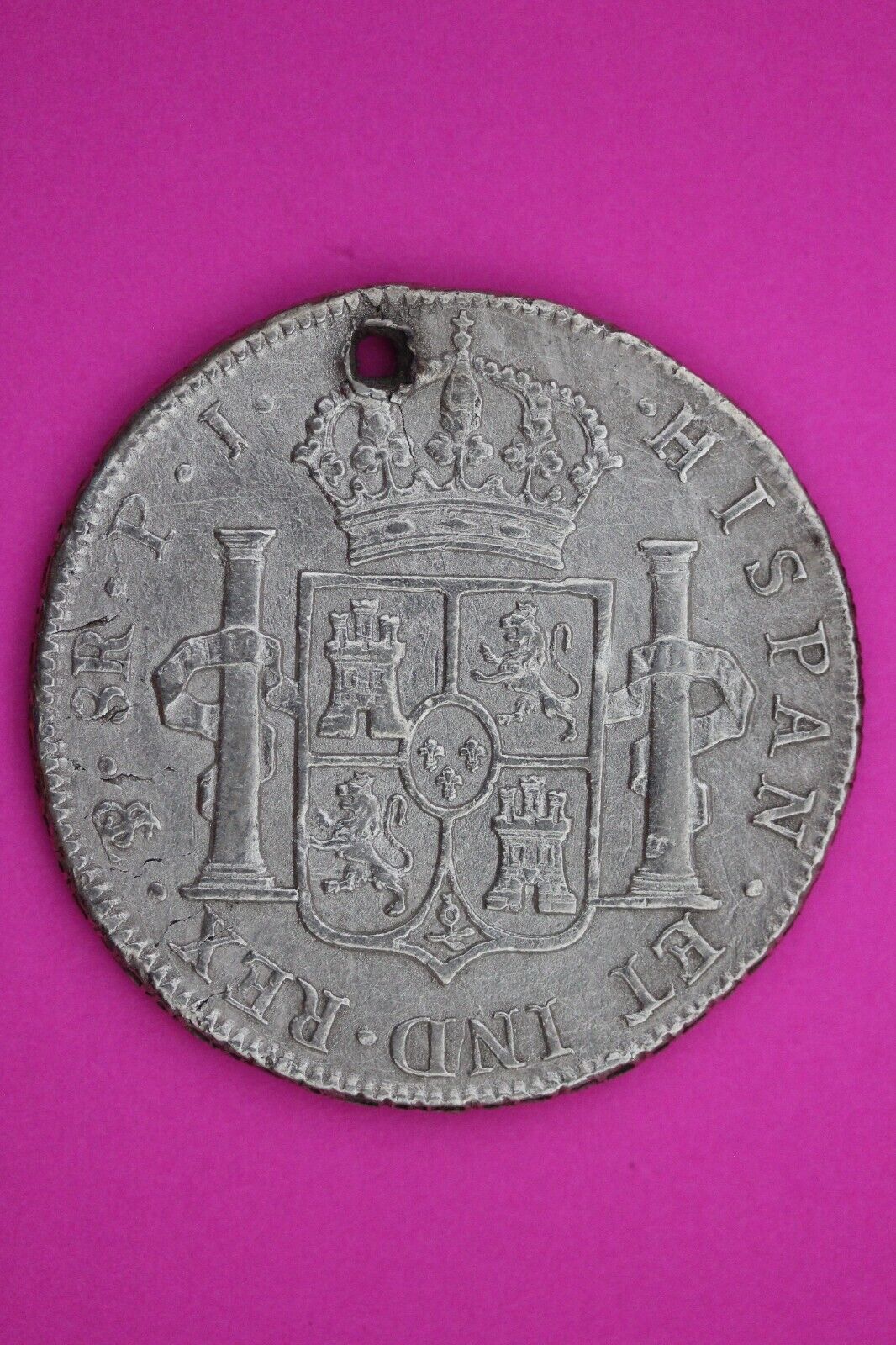 1814 Bolivia Spanish 8 Reales King Ferdin VII Silver Coin Pendant Holed 08
