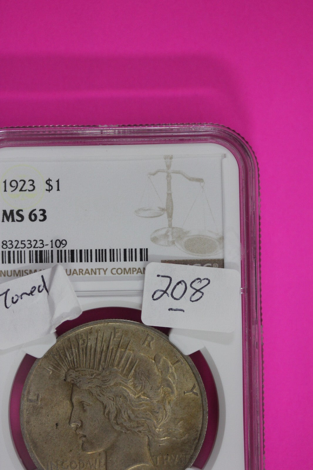 Toned 1923 P MS 63 Liberty Peace Silver Dollar NGC Certified Graded Slab 208