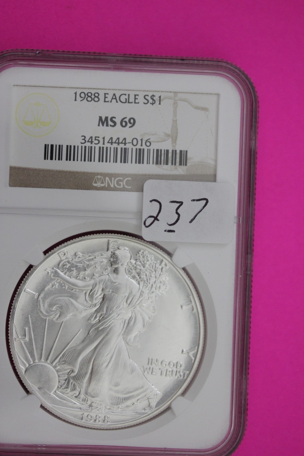 1988 MS 69 Silver Eagle 1 OZ .999 Silver NGC Certified Graded Authentic 237