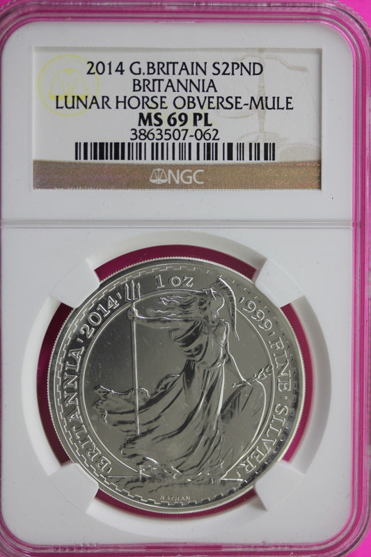 2014 MS 69 PL Great Britain £2 Britannia Lunar Horse NGC Graded Slab 63
