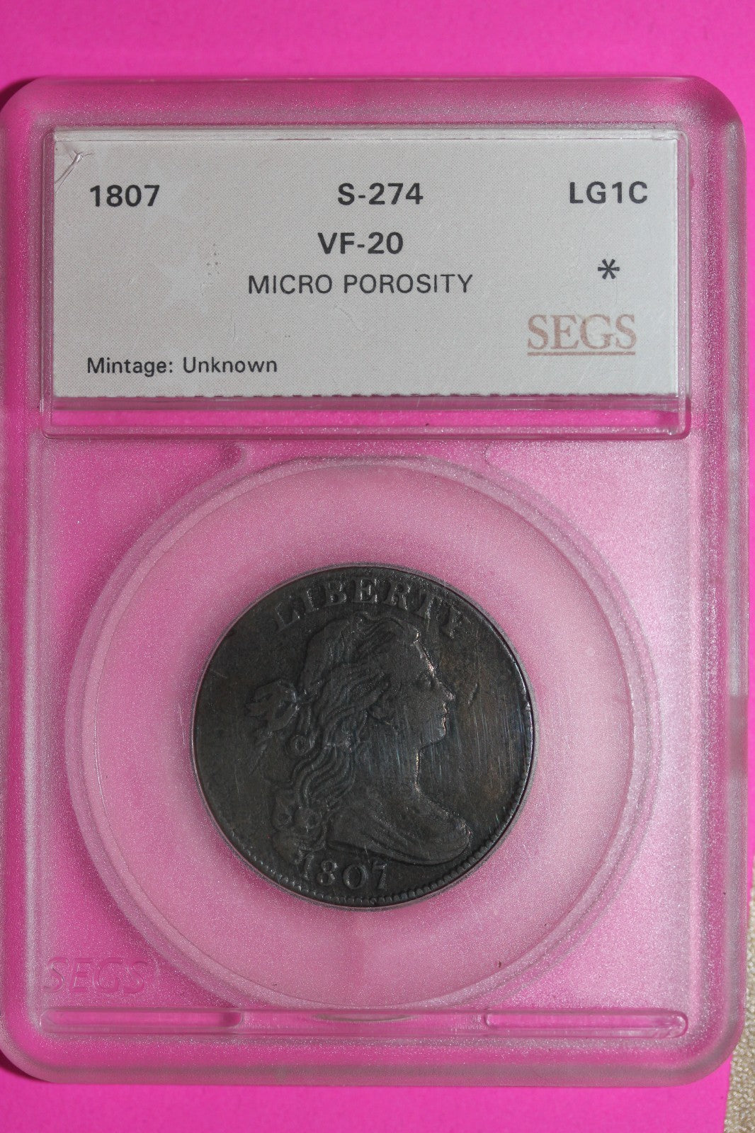 1807 Large Cent S-207 Draped Bust Large Cent Guaranteed Authentic Coin Slab 1365