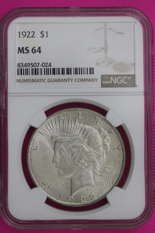 1922 P MS 64 Liberty Peace Silver Dollar NGC Certified Graded Authentic Coin 798
