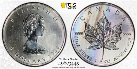 Rainbow Toned 1988 MS 67 Canada Maple Leaf Silver 5 Dollar PCGS Graded Slab 736