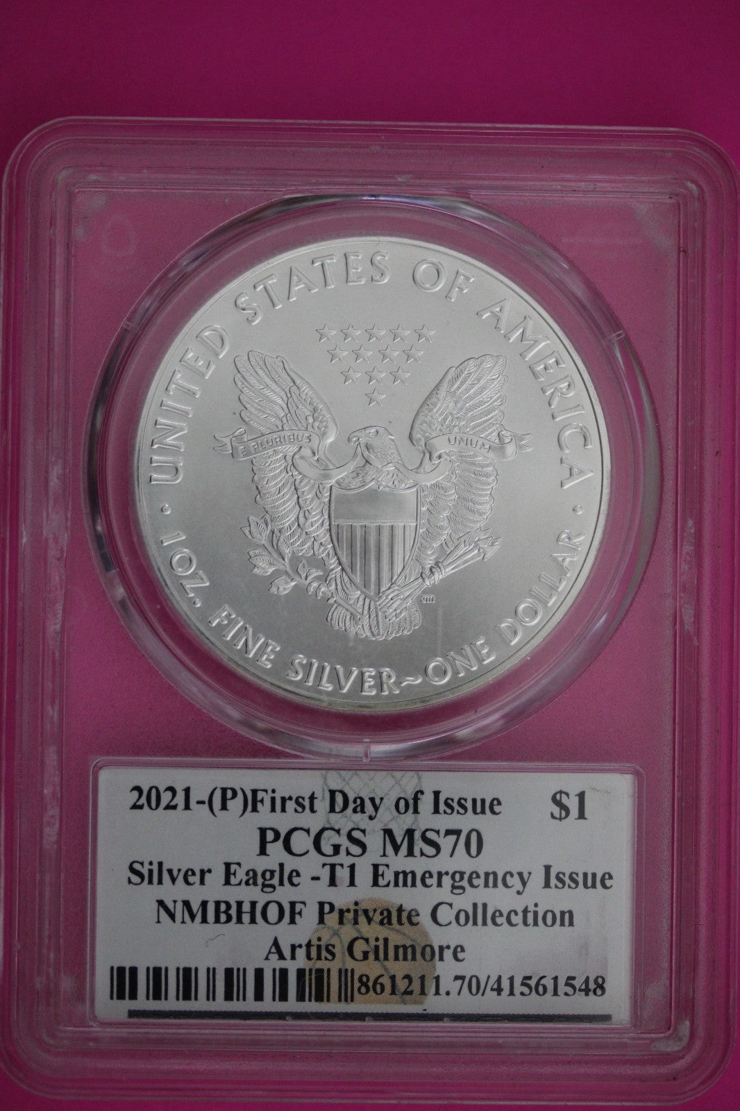 2021 (P) MS 70 Silver Eagle NMBHOF Private Collection Artis Gilmore PCGS 906