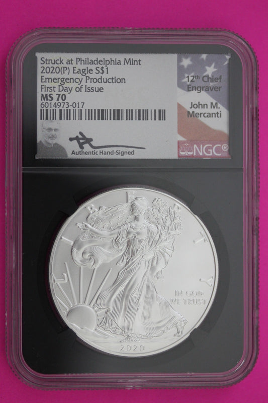 2020 (P) MS 70 Silver Eagle Mercanti Signature Emergency Issue NGC Certified 247