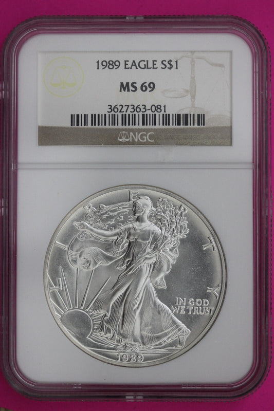1989 MS 69 Silver Eagle Coin 1 OZ .999 NGC Certified Graded Authentic Slab 566