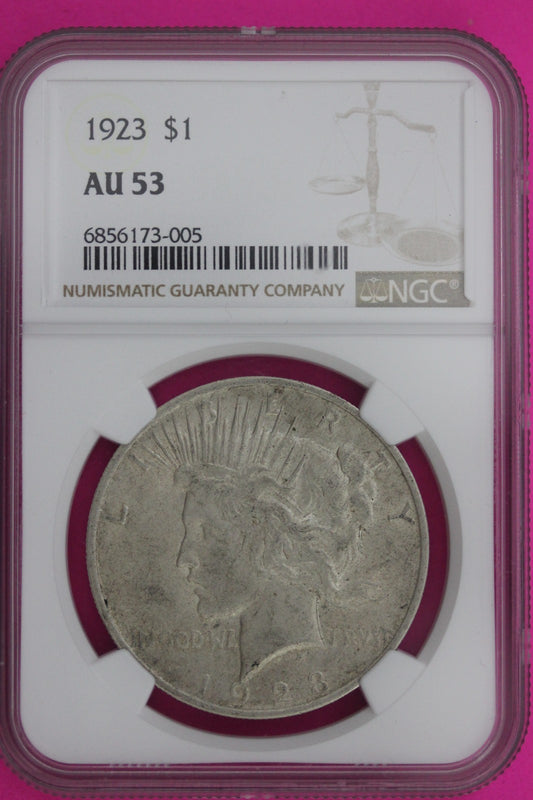 1923 P AU 53 Liberty Peace Silver Dollar NGC Certified Graded Authentic 1186