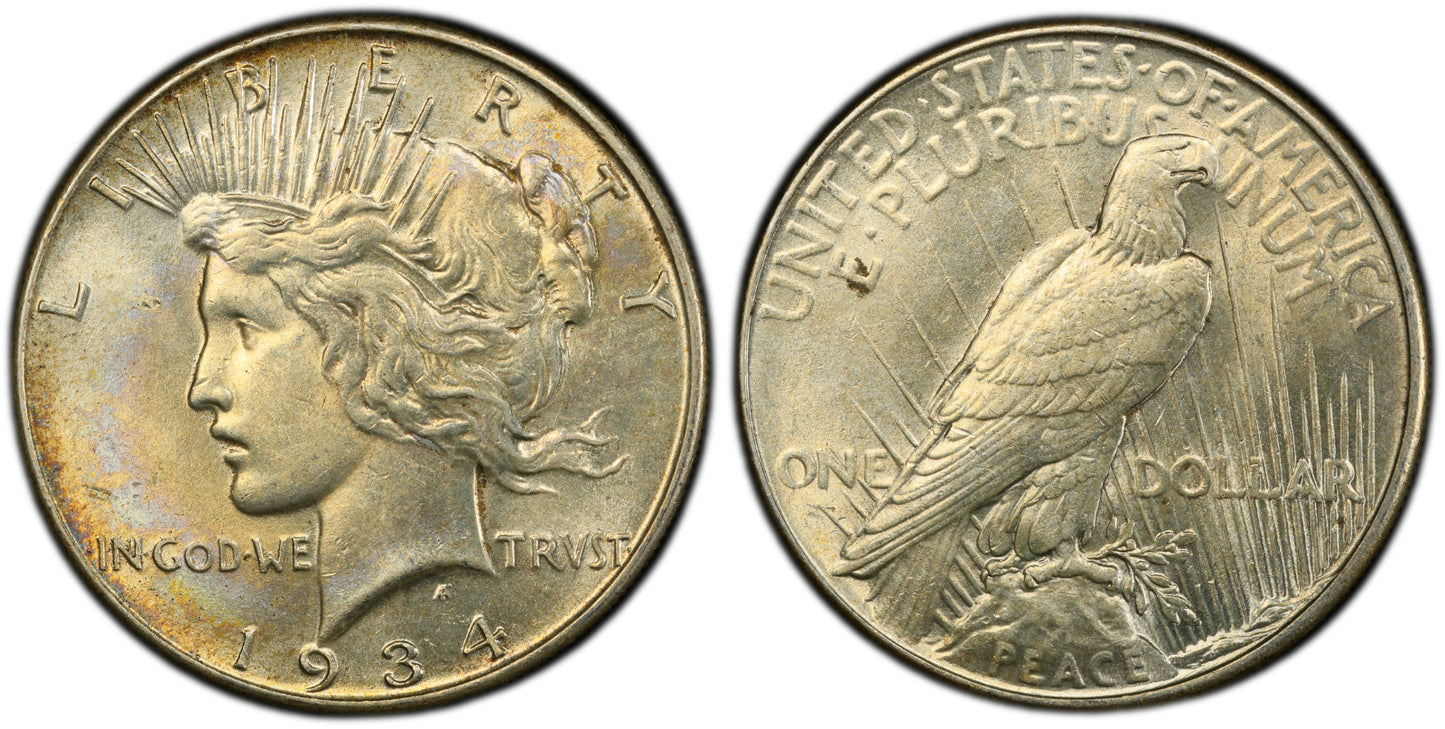 Toned 1934 P AU 58 Peace Silver Dollar PCGS Graded Certified Authentic Slab 365