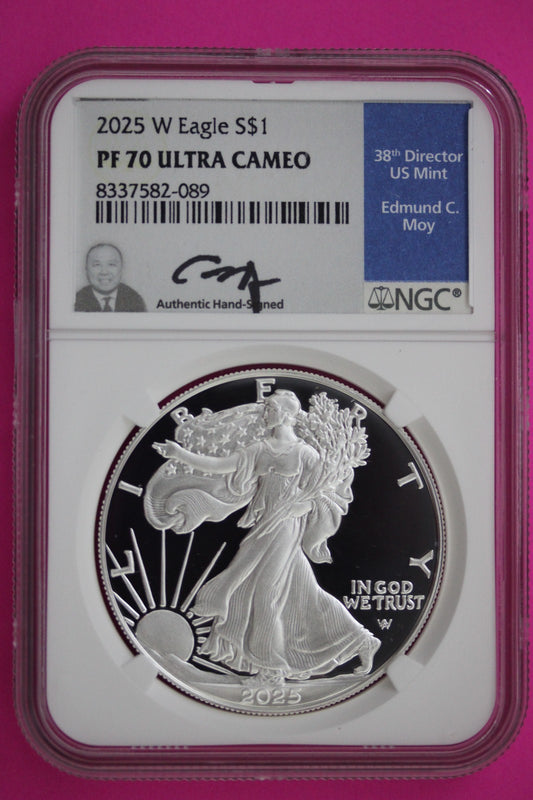 2025 W PF 70 Silver Eagle Moy Signature Proof Ultra Cameo 1 OZ NGC Slab 888