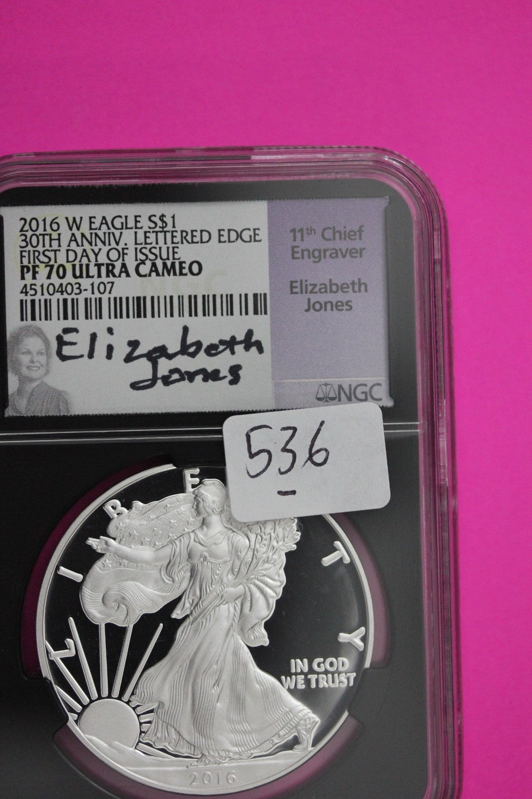2016 W PF 70 Proof DCAM Silver American Eagle Lettered Edge NGC Jones Sig 536