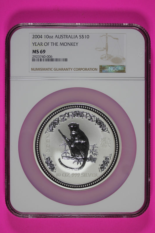 2004 MS 69 10 Ounces Silver Australia Year Of The Monkey .999 Fine NGC Slab 7033