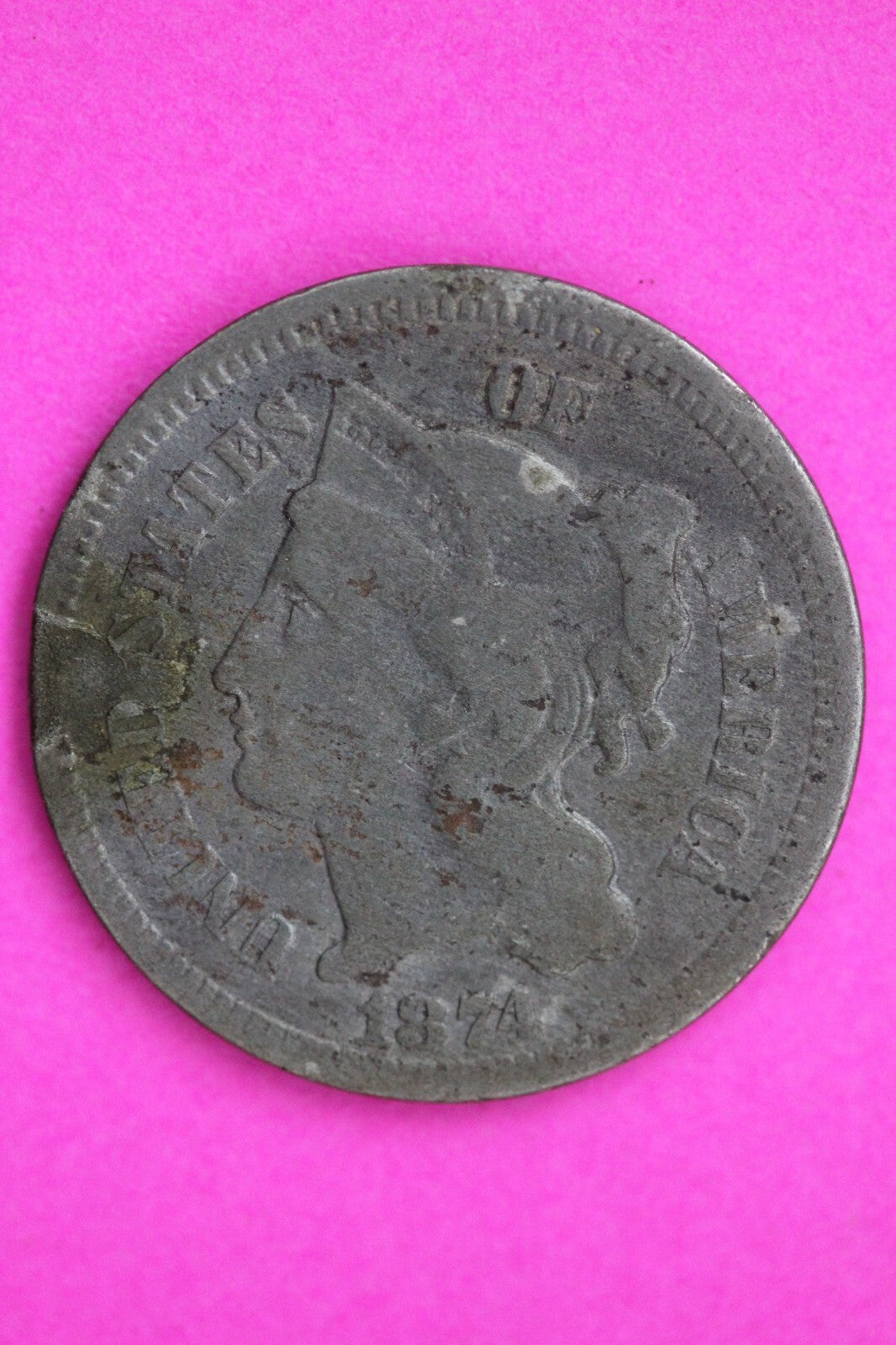 1874 Three 3 Cent Nickel Scarce Type Coin Guaranteed Authentic & Genuine 0729N